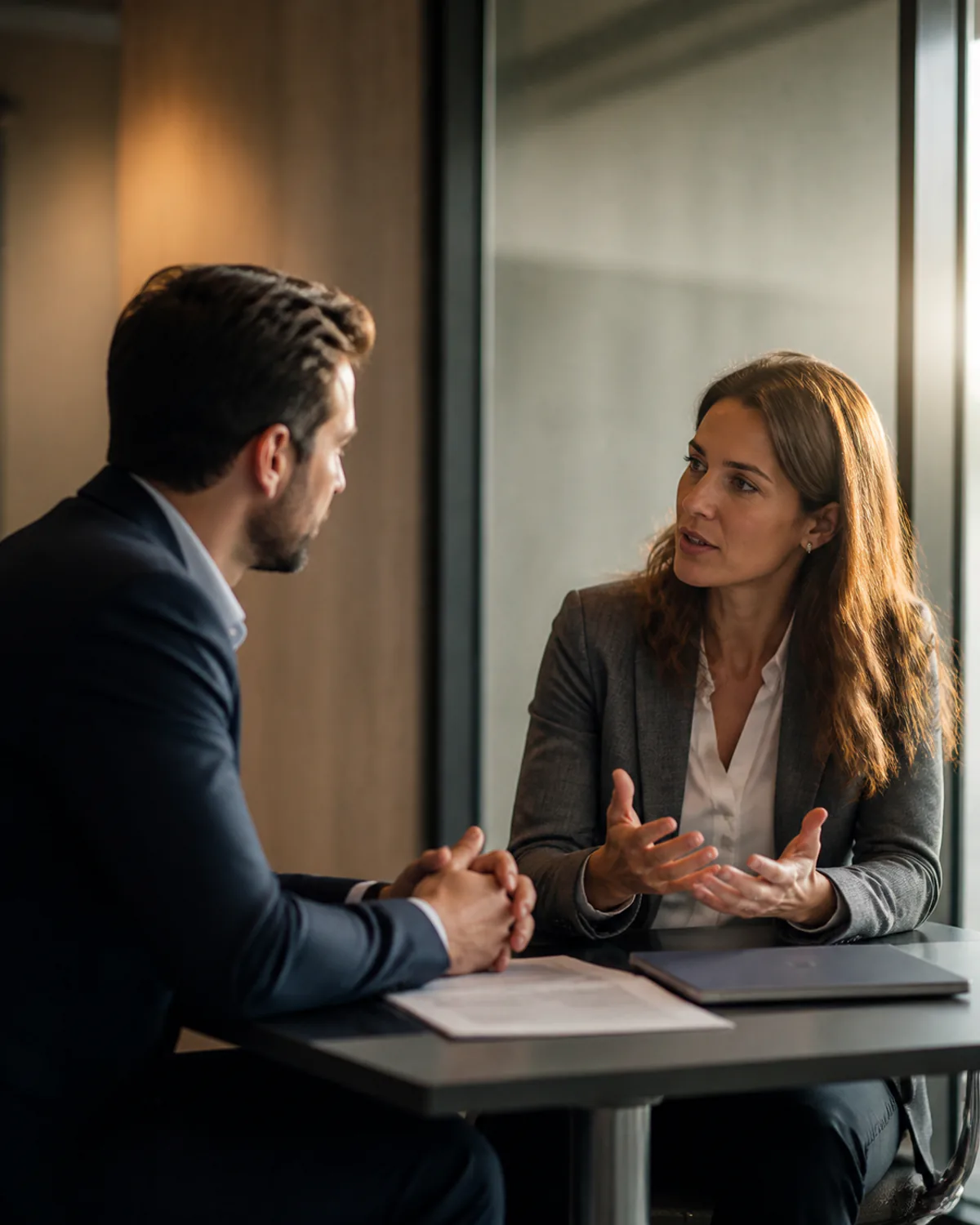 Reunião entre duas pessoas em sala de escritório corporativo